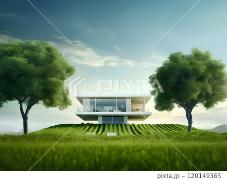 Modern glass house on serene green hill amidst lush landscape 120149365