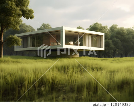 Modern minimalist glass house amidst lush greenery in tranquil forest setting 120149389