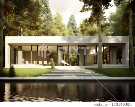 Modern minimalist glass house by scenic lake in forest setting for contemporary living 120149390