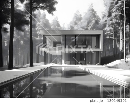 Modern minimalist glass house in forest with reflective pool 120149391