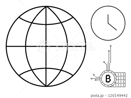 Simple black-outline graphic showing a globe, clock, and Bitcoin symbol connected with circuits. Ideal for finance, technology, global business, cryptocurrency, time management 120149442