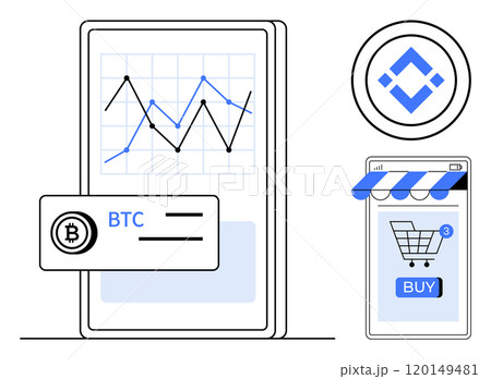 Mobile phone displaying a cryptocurrency price chart, Bitcoin symbol with BTC label, and online shopping cart icon under a store awning. Ideal for finance, digital currency, e-commerce, mobile apps 120149481
