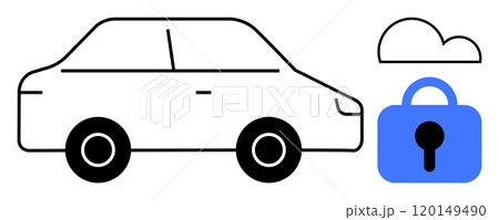 A simple vector drawing shows a car beside a blue lock symbol and a cloud outline, representing car security and cloud-based storage. Ideal for car security, cloud storage, technology, data A simple vector drawing shows a car beside a blue lock symbol and a cloud outline, representing car security and cloud-based storage. Ideal for car security, cloud storage, technology, data 120149490