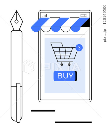 A mobile device showing a shopping cart with items and a buy button next to a fountain pen. Ideal for e-commerce, digital transactions, online shopping, mobile apps, and retail marketing. Outline 120149500