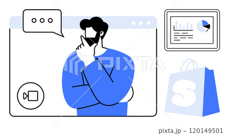 Man thinking in a virtual meeting window icon, chat bubbles, graph on screen, shopping bag. Ideal for digital business, eCommerce, online marketing, virtual meetings, and remote work themes. Simple 120149501