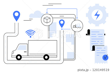 Delivery truck on route with navigation and wireless signal icons. Digital devices display package tracking and shipping details. Ideal for technology, logistics, efficiency, transportation Delivery truck on route with navigation and wireless signal icons. Digital devices display package tracking and shipping details. Ideal for technology, logistics, efficiency, transportation 120149519