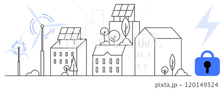 Cityscape with buildings featuring solar panels and wind turbines. Blue lock symbol indicates security. Ideal for smart cities, renewable energy, sustainability, green technology, and urban security Cityscape with buildings featuring solar panels and wind turbines. Blue lock symbol indicates security. Ideal for smart cities, renewable energy, sustainability, green technology, and urban security 120149524