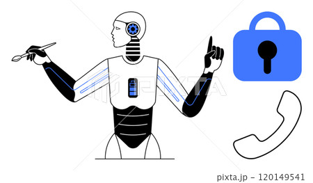 Robot holding paintbrush and pointing, symbolizing creativity and innovation. Blue lock and phone icons on the side. Ideal for AI development, technology, digital security, communication 120149541