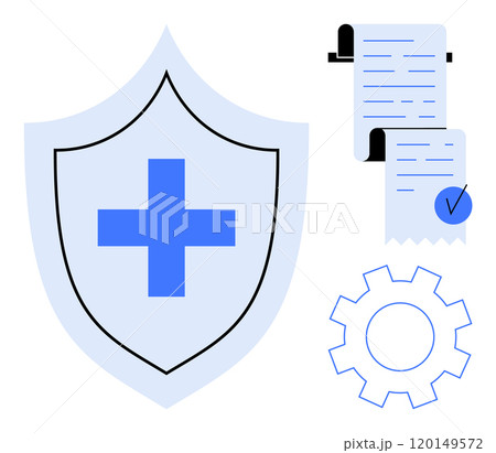 Blue cross on a shield symbolizing protection next to documents with a checkmark and a gear, ideal for themes like safety health agreement insurance policy process. Modern minimalist style 120149572
