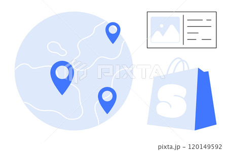 Image shows a globe with three location pins, a shopping bag with a logo and a document icon. Ideal for e-commerce, logistics, global business, online shopping, and digital marketing. Simple vector 120149592