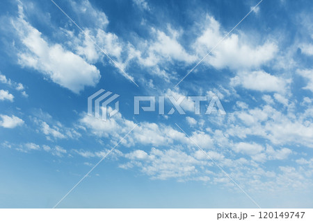 Picturesque natural sky landscape with an electric blue sky dotted with fluffy cumulus clouds. Picturesque natural sky landscape with an electric blue sky dotted with fluffy cumulus clouds. 120149747