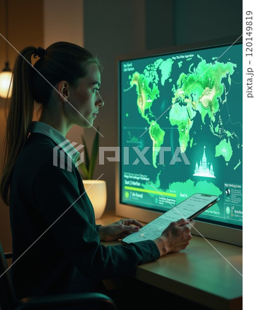 Data analyst working late analyzing global map on digital screen for business insights 120149819