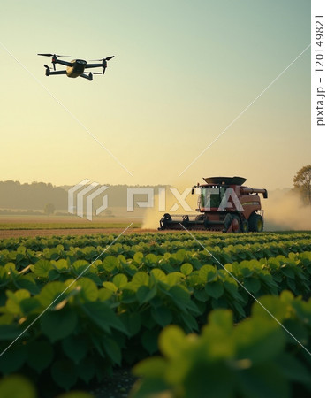 Drone in agriculture: crop monitoring and modern harvesting with combine harvester 120149821