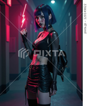 Edgy neon aesthetic with stylish blue-haired woman in urban corridor 120149822