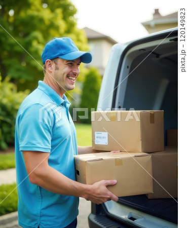 Efficient delivery service worker unloading packages from van for timely distribution 120149823