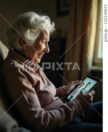 Elderly woman enjoying family photos on tablet in cozy home setting 120149824