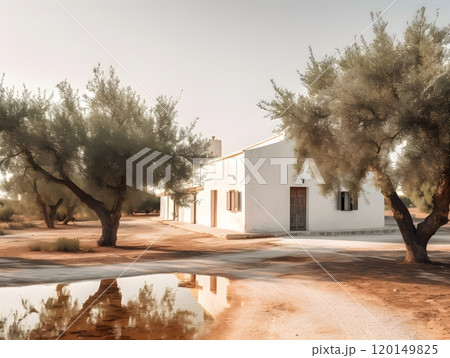 Serene countryside house with olive trees and reflective puddle 120149825