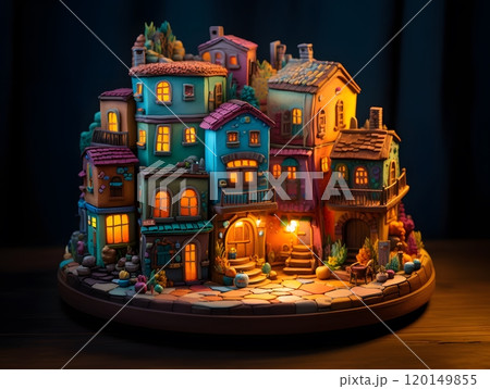 Whimsical miniature village at dusk with illuminated windows 120149855