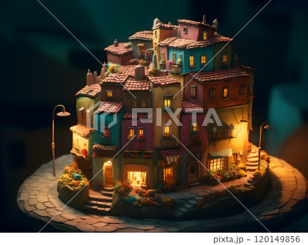 Whimsical miniature village in warm evening light 120149856