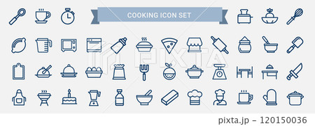 kitchen utensils appliances food items cooking set line icons 120150036