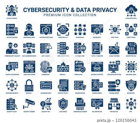 cybersecurity data privacy collection glyph icons, forensics ethical incident response firewall hacker 120150043