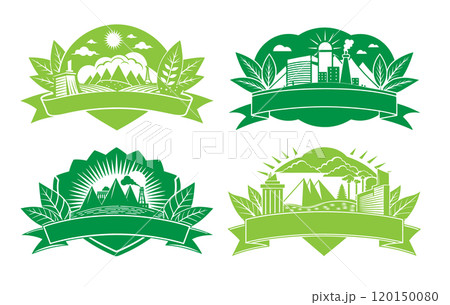 Four green badges different landscapes buildings environment template 120150080