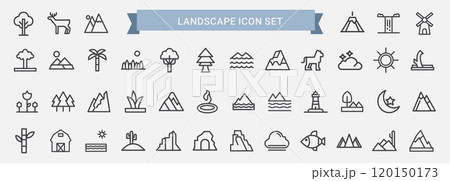 landscape line drawing icons, habitat fauna plants flora 120150173