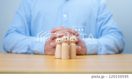 Wooden doll figure with communication and technology symbols, Social media and technology concept, Conversation exchange of ideas in an organization or in society, Joining a group listening. Wooden doll figure with communication and technology symbols, Social media and technology concept, Conversation exchange of ideas in an organization or in society, Joining a group listening. 120150595