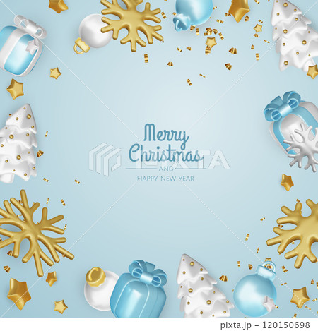 Christmas winter festive composition. Colorful Xmas background realistic 3d decorative design objects, christmas tree, gift boxes, xmas ball, gold confetti. Happy New Year. Vector illustration Christmas winter festive composition. Colorful Xmas background realistic 3d decorative design objects, christmas tree, gift boxes, xmas ball, gold confetti. Happy New Year. Vector illustration 120150698