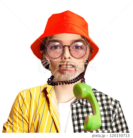 Contemporary art collage. Portrait made of different pieces of faces of hip character with orange bucket hat and green phone accessory 120150713