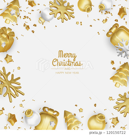Happy New Year and Merry Christmas. Christmas holiday background with realistic 3d objects,gold and blue bauble balls, conical metal stars. Levitation falling design composition. Happy New Year and Merry Christmas. Christmas holiday background with realistic 3d objects,gold and blue bauble balls, conical metal stars. Levitation falling design composition. 120150722