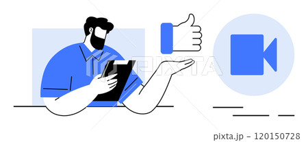 Man holding a clipboard gives a thumbs up. Video recording icon nearby. Ideal for business presentations, online meetings, virtual communication, tutorial videos, and remote work. Outline drawing 120150728
