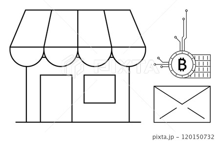 A storefront with an awning and door in a minimalist style, accompanied by a Bitcoin symbol connected to circuitry and an envelope icon. Ideal for e-commerce, retail, digital currency, technology 120150732
