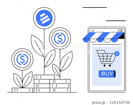 Plants with coins growing from stacks of money beside a smartphone with a shopping app featuring a cart and buy button. Ideal for themes of e-commerce, financial growth, online investments, digital 120150736