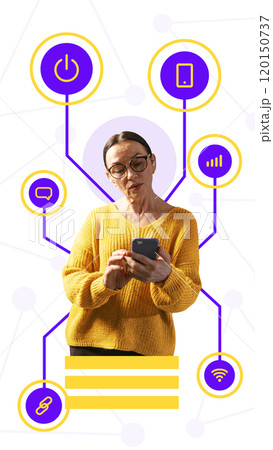 Contemporary art collage. Elderly woman using smartphone, surrounded by digital icons connected to her. Safety in today's digital world 120150737