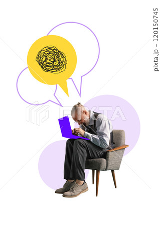 Contemporary art collage. Elderly man focused intently on laptop with thought bubble, portraying digital learning and engagement Contemporary art collage. Elderly man focused intently on laptop with thought bubble, portraying digital learning and engagement 120150745