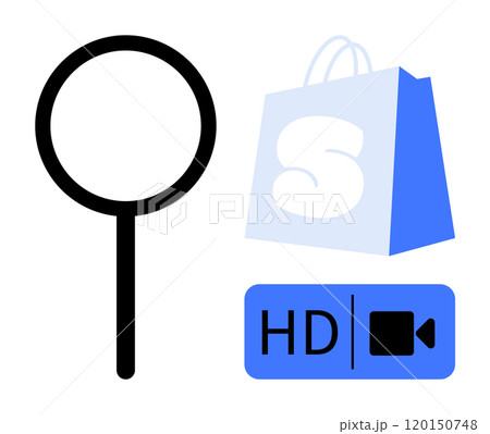 Magnifying glass, shopping bag with letter S, and HD video camera symbol. Ideal for online shopping, search optimization, video quality, e-commerce, digital marketing. Minimalist vector style 120150748