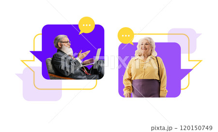 Contemporary art collage. Conversation between two older man and woman, depicted through speech bubbles. Communication in distance. 120150749