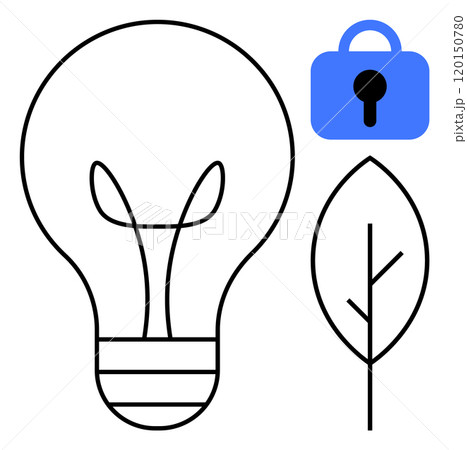 Light bulb representing ideas a blue lock symbolizing security a leaf indicating sustainability. Ideal for technology innovation security eco-friendliness environmental protection and creative 120150780