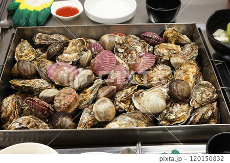 Korean Seafood Food. Steamed oysters and clams Korean Seafood Food. Steamed oysters and clams 120150832