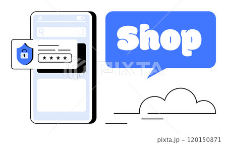 Smartphone displaying a shopping app alongside a lock icon and password input field. Speech bubble with text Shop. Ideal for e-commerce mobile security password protection online shopping Smartphone displaying a shopping app alongside a lock icon and password input field. Speech bubble with text Shop. Ideal for e-commerce mobile security password protection online shopping 120150871