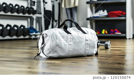High quality white gym bag with black elements in a bright, modern interior, combining style and functionality, a must-have sports accessory for those who appreciate sleek, minimalist design in a 120150874
