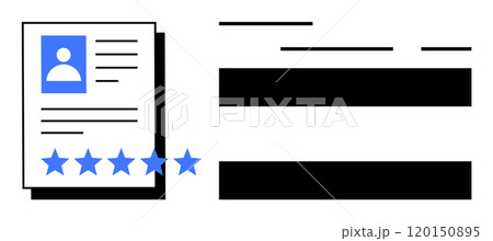 Document featuring a resume with a profile picture, personal details, and a five-star rating prominently displayed. Ideal for recruitment materials, professional profiles, job applications, career Document featuring a resume with a profile picture, personal details, and a five-star rating prominently displayed. Ideal for recruitment materials, professional profiles, job applications, career 120150895