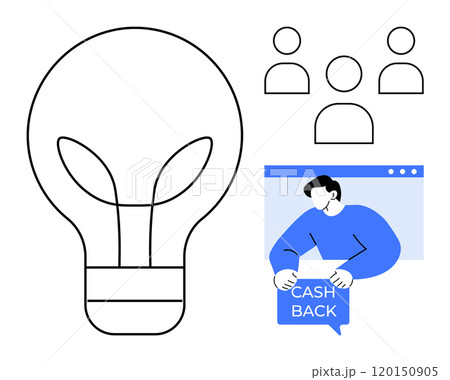 A large light bulb outline coupled with three individual person icons and a man holding a cashback sign. Ideal for innovation, business concepts, team building, online promotions, and creative ideas 120150905