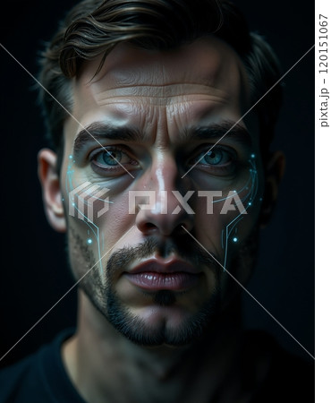 Futuristic portrait of a man with cybernetic facial features and neon accents 120151067
