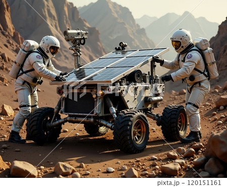 Astronauts exploring mars with advanced rover and solar panels in rocky terrain 120151161