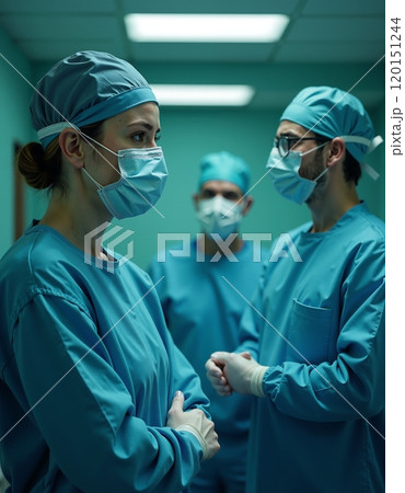 Surgical team in blue scrubs preparing in sterile operating room environment Surgical team in blue scrubs preparing in sterile operating room environment 120151244