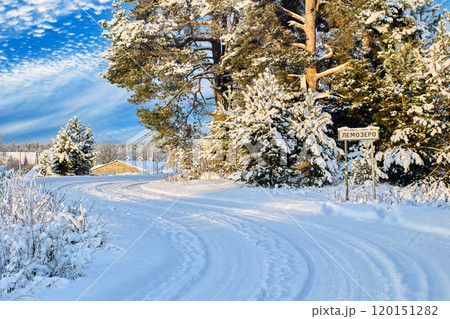 Road sign with the inscription Lemozero village, in Karelia, Russia, winter road with roadside pine tree. 120151282