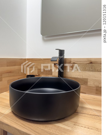 modern bathroom interior with black ceramic sink and faucet tap modern bathroom interior with black ceramic sink and faucet tap 120151316