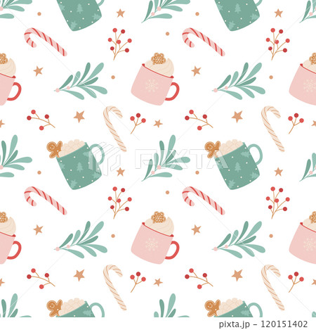 Christmas seamless pattern with hot drinks, sweets and winter plants 120151402